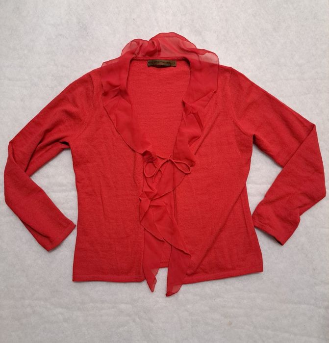 Sweter damski, wiązany, czerwony, angora, jedwab