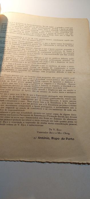Carta ao Senhor Bispo do Porto, D. António ao Presidente do Concelho
