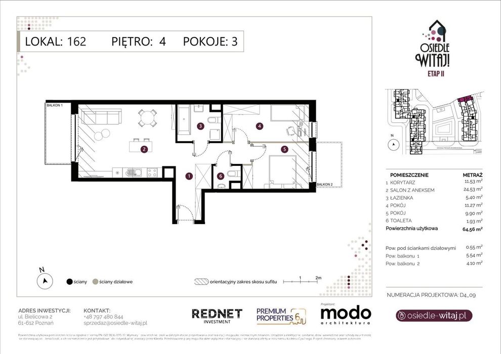 3-pokojowe mieszkanie 64 m² + 2 balkony - Widok 2