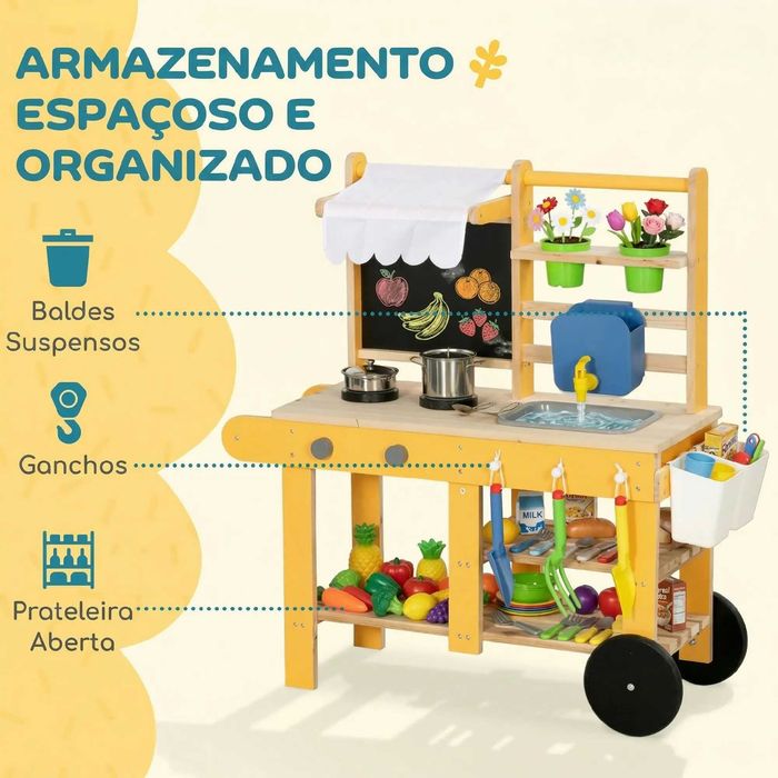 Cozinha Infantil Exterior de Madeira com Rodas Água Real Vasos Quadro e 15 Acessórios amarelo