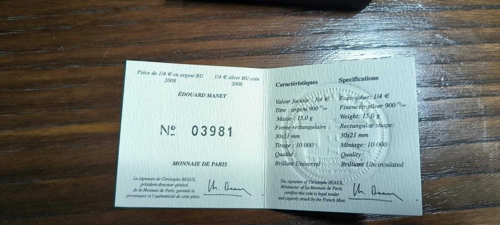 França, 1/4 euro 2008 - 'Edouard Manet' prata-NOVO PREÇO