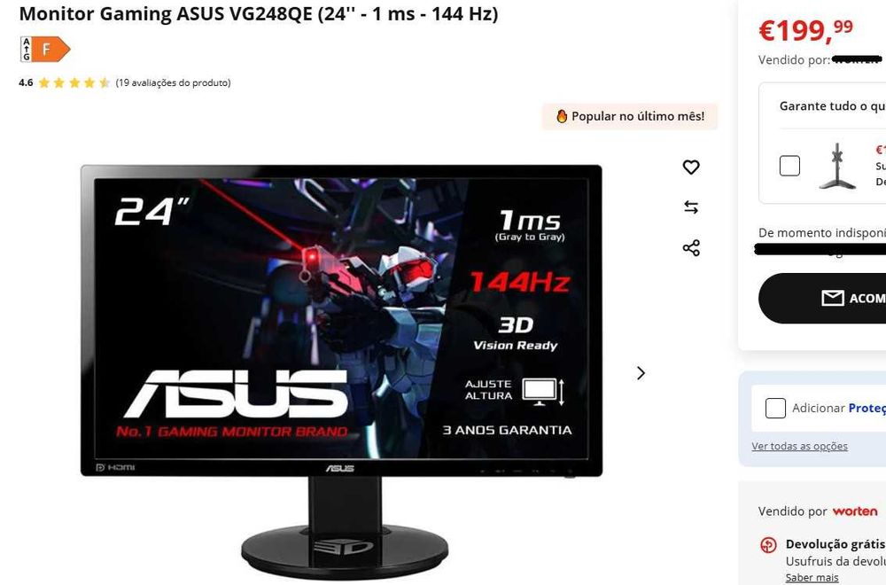 PACK 2x MONITORES 24" - ASUS 144Hz + HP - C/ CAIXAS Originais