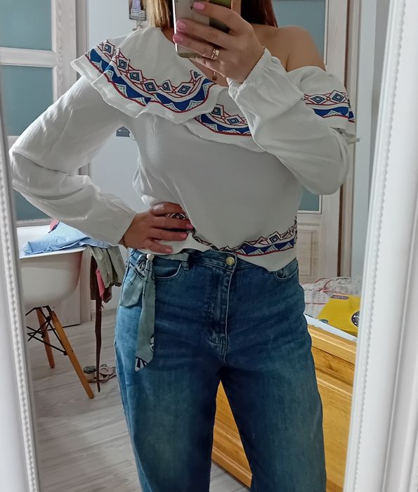 Biała bluzka w stylu boho folk M