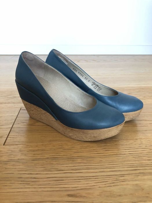 Niebieskie skórzane koturny, Ryłko - rozmiar 38