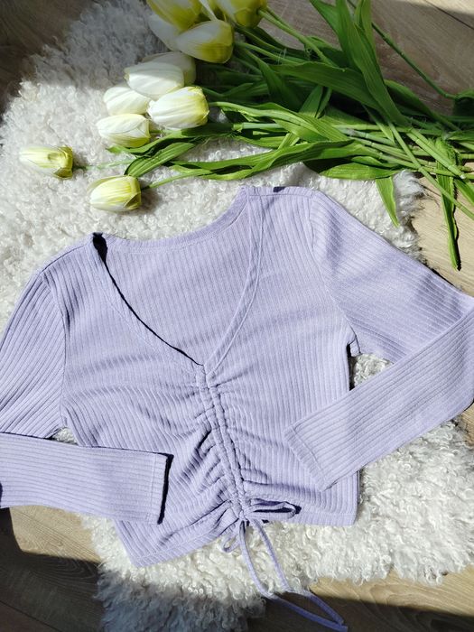 bluzka z długim rękawem ze ściągaczem liliowa fioletowa crop top