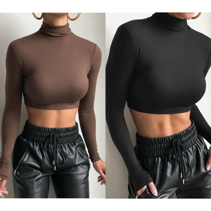 Кроп-топ гольф с горлом XS/S черный мокко коричневый шоколад