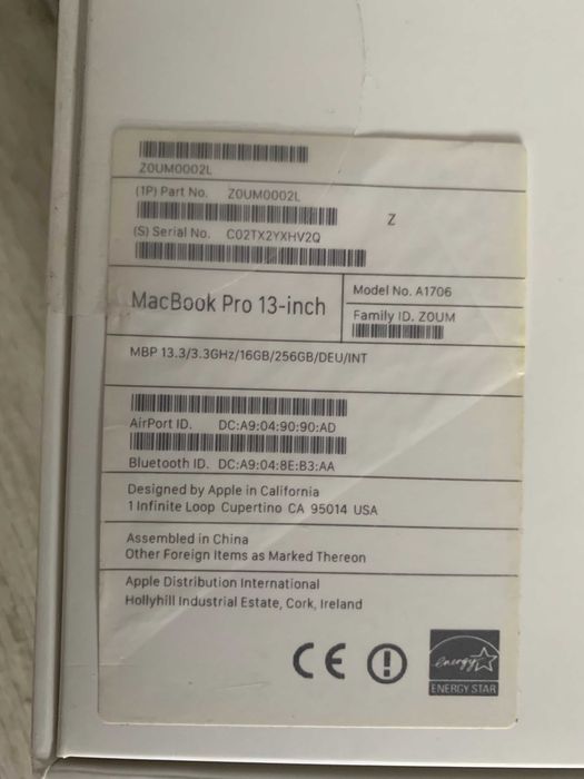 MacBook Pro 13 2017 Touchbar 16 / 256 Гарний Стан Батарея 100%