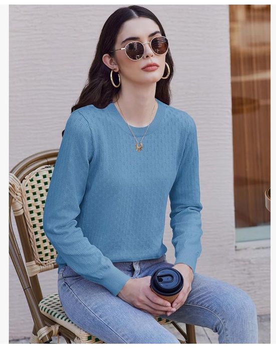 Elegancki sweter damski z okrągłym dekoltem, niebieski, rozm. S, ZEAGOO