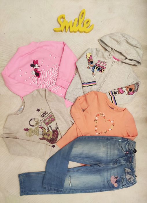 Zestaw ubrań 116 Bluzy bluzki spodnie wiosna