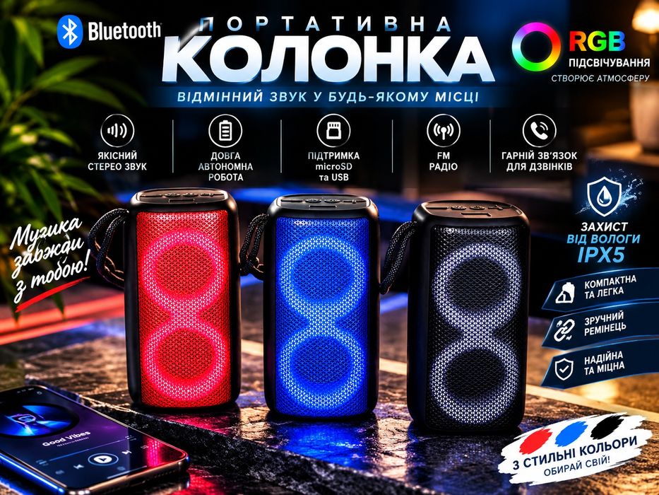 Мощная  Bluetooth колонка NB-041 з RGB подсветкой  fm радио