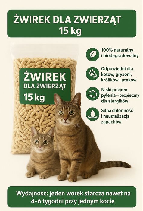 Ekologiczny żwirek jasny z trociny dla zwierząt 15kg