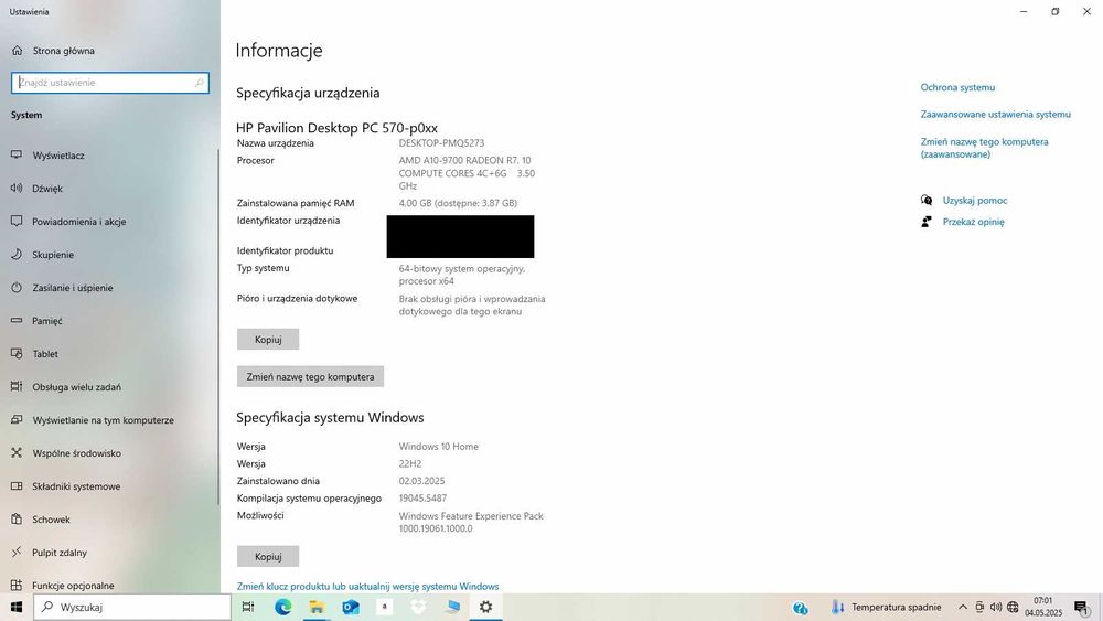 eko komputer HP AMD 4x 3,4GHz ddr4 ssd dvdrw czytnik 3w1 wifi win 10