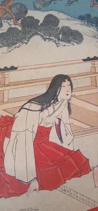 Xilogravure japonsea da era Meiji, 1889, representando uma gueixa ao luar.