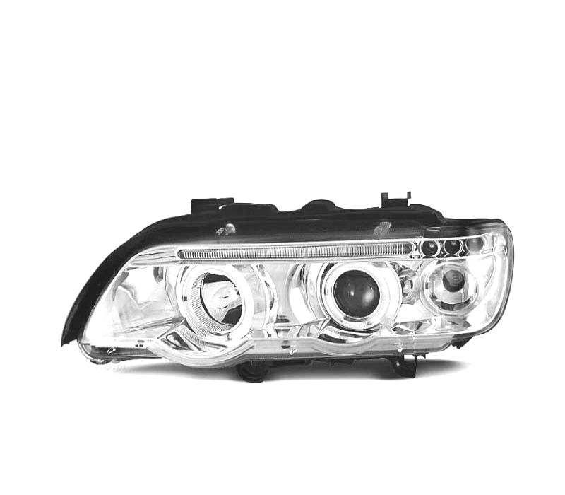 FARÓIS RENTE ANGEL EYES BMW X5 E53 FUNDO CROMADO