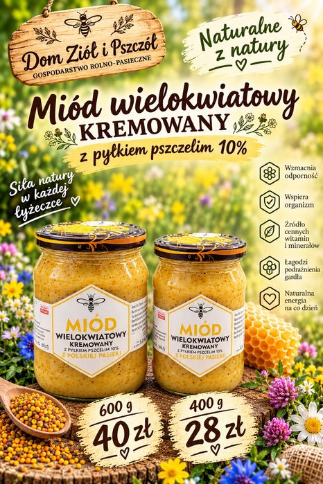 Miód wielokwiatowy kremowany z pyłkiem pszczelim 10%