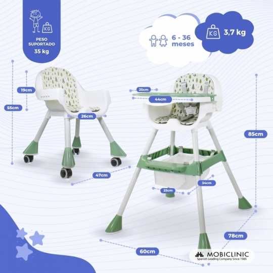 Cadeira alta 2 em 1, 360º, 2 alturas ajustáveis, Máx 35kg, Bandeja e armazenamento, Branco verde