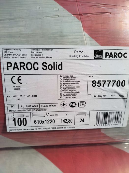 wełna mineralna, skalna Parock Solic płyty, 100 mm dostępna 0,037