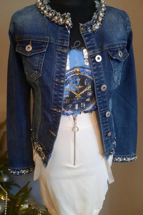 Nowa katana jeansowa kurtka rozm S perełki  Re Dres