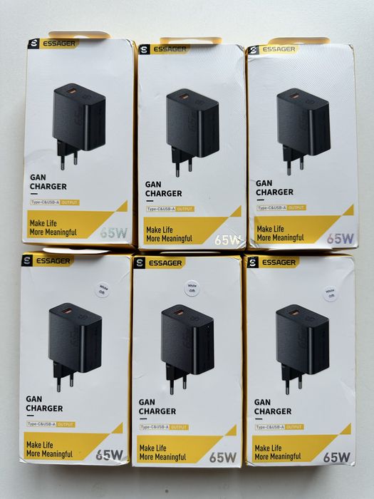 Зарядка Essager GaN Charger 65W, Type-C&USB-A Black/White
