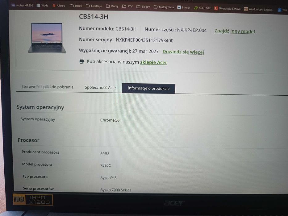 Acer Chromebook Plus314  CB514-3H-R36J Gwarancja