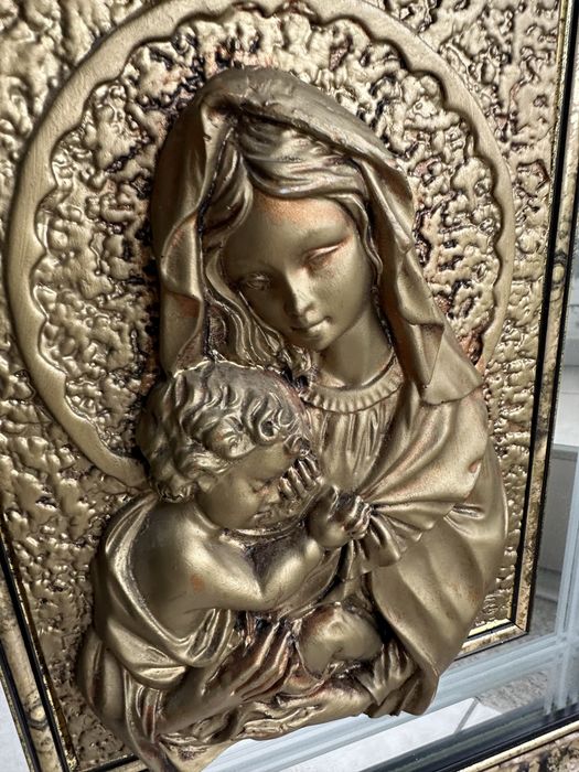 Quadro religioso italiano em relevo - Virgem Maria e Menino