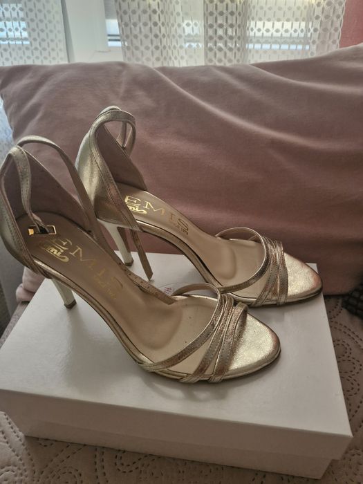 Złote sandałki do ślubu, Sylwester,skóra naturalna Emis 39