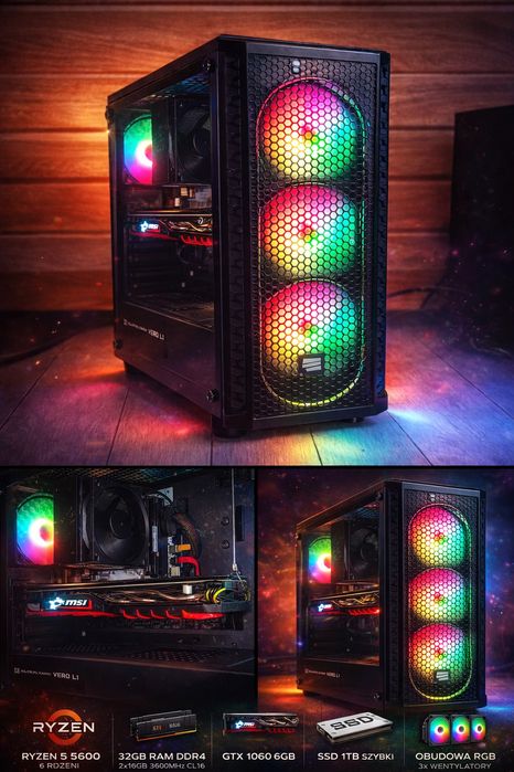 MOCNY PC Ryzen 5 5600 / 32GB 3600MHz CL16 / GTX 1060 6GB / SSD 1TB / RGB