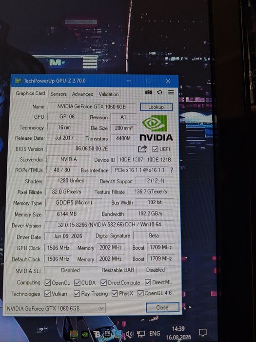NVIDIA P106-100 6GB (аналог GTX 1060 6GB) БЕЗ видеовыходов