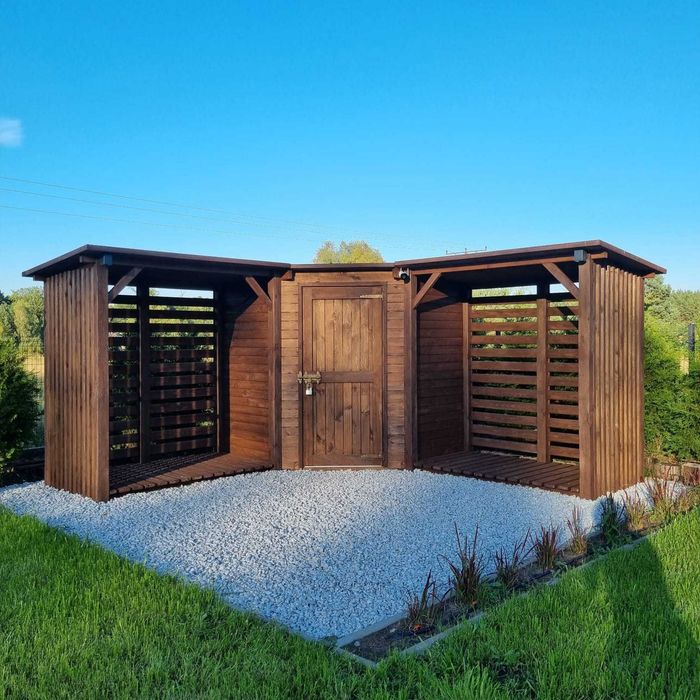 Domek narzędziowy rogowy z drewutnią, solidna wiata na drewno opałowe