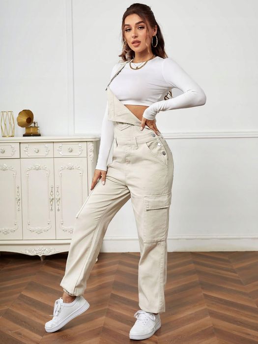 Ogrodniczki jeansowe proste casual beżowe SHEIN S