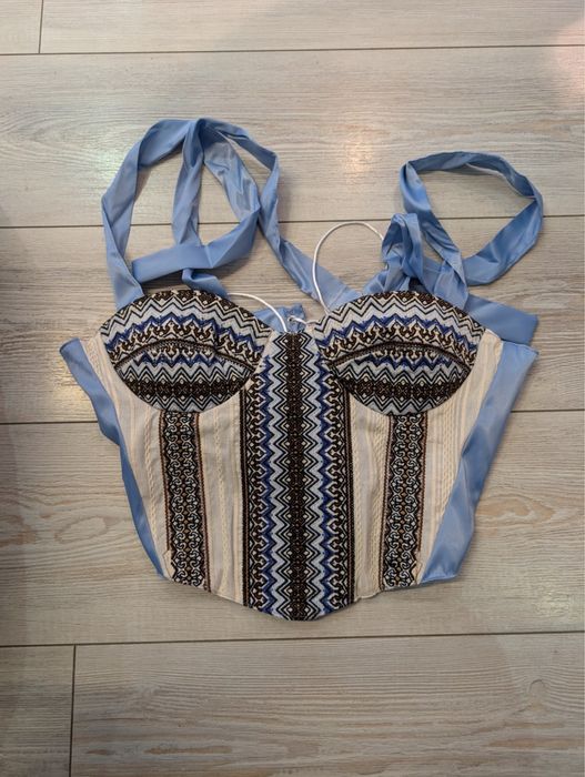 Стильний вишитий корсет вишиванка  на бретелях блакитний принт