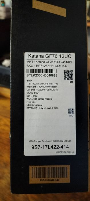 Laptop msi katana gf76 12uc