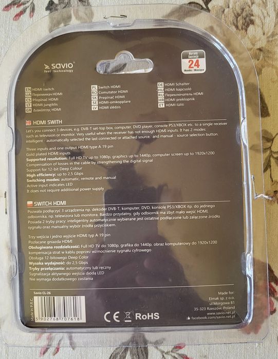 Swith hdmi Savio nowy