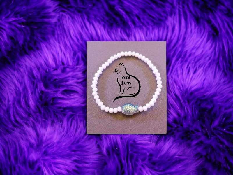 Pulseira cristal vidro facetado branco com peixe - Nova
