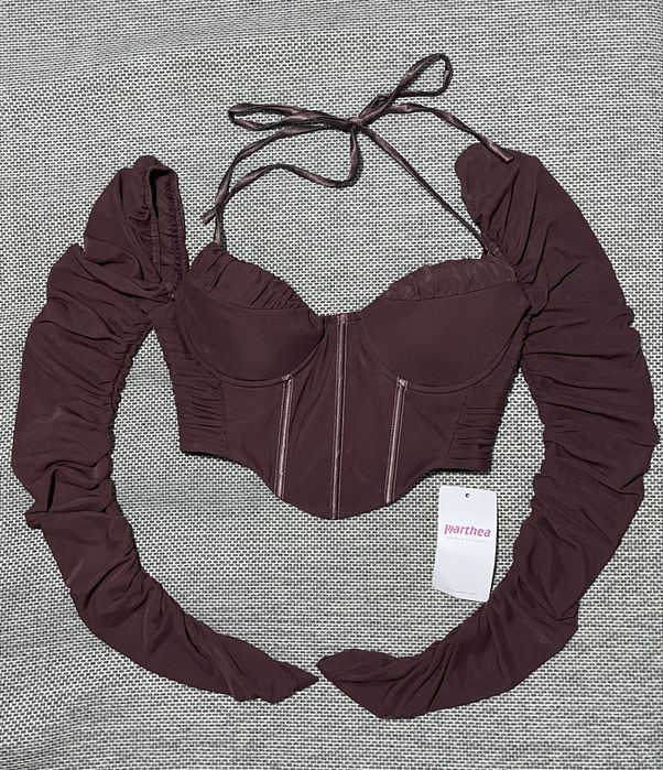 Коричневий корсетний топ з довгими сітчастими рукавами, xs