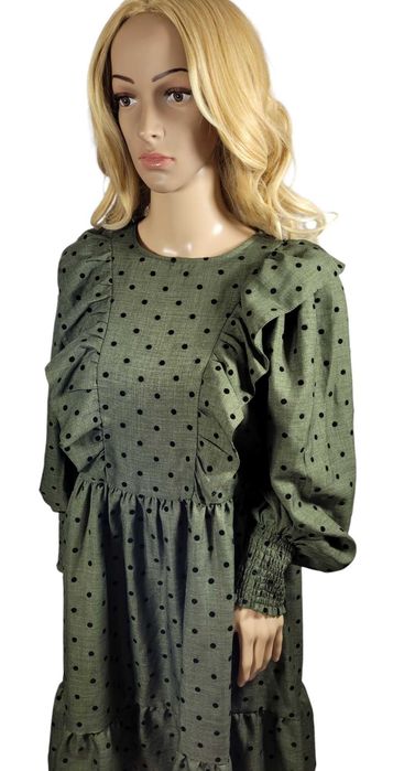 Nowa sukienka khaki 38,M Primark wzór kropki groszki falbany bufki