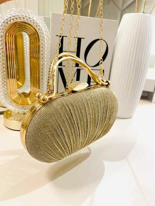 Torebka wizytowa kopertówka złota brokatowa na łańcuszku wesele