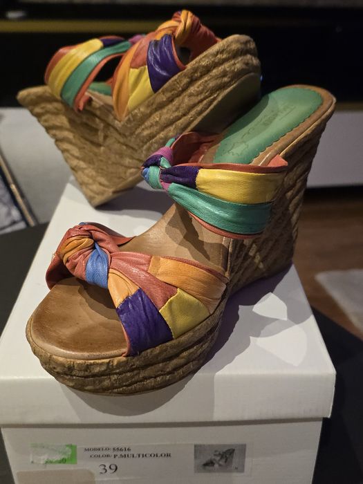 Buty Salamander 39 skóra korek klapki lato szpilki kolorowe ziel pomar