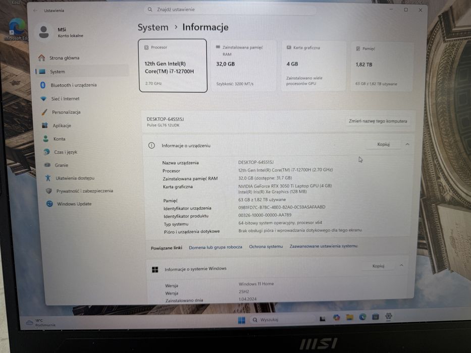MSI pulse gl76 i7 12 gen 32gb 2tb rtx 3050 ti