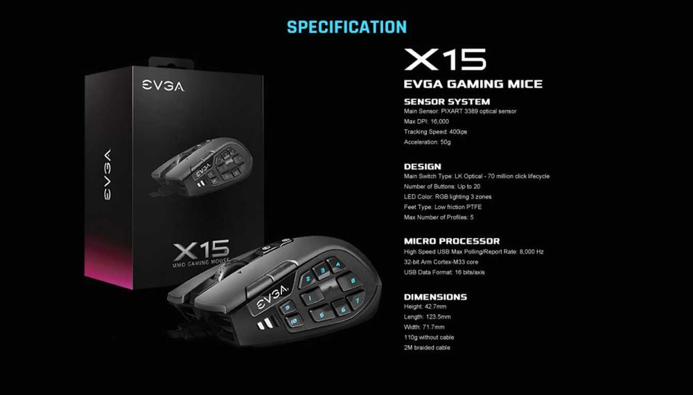 Игровая мышь EVGA X15 MMO Gaming Mouse, 8k, Wired, Black.