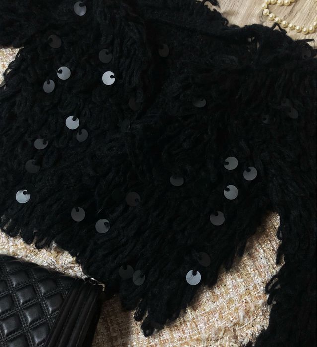 Кардиган в'язаний пухнастий паєтки пайетки чорний святковий кофта
