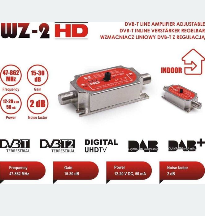 Wzmacniacz antenowy wewnętrzny WZ-2 DVB-T z regulacją Red Eagle.