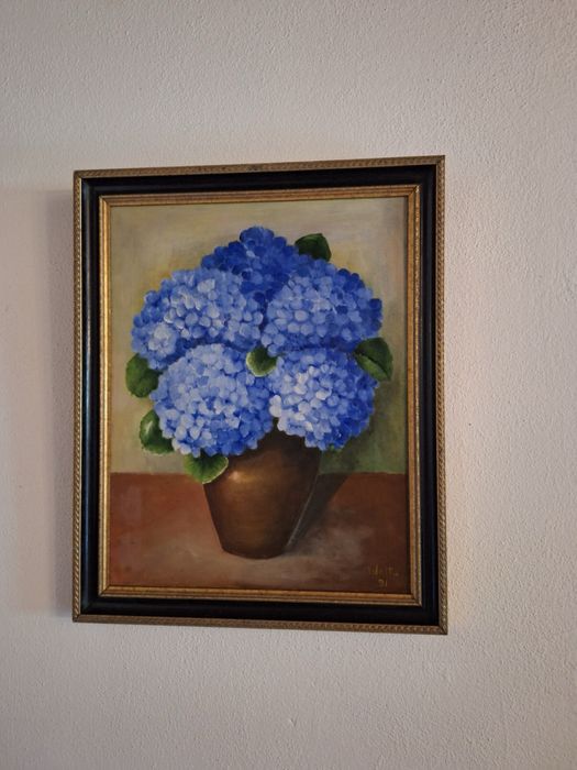 Quadro Pintura a Óleo Hortênsias Azuis | Vaso e Moldura Clássica