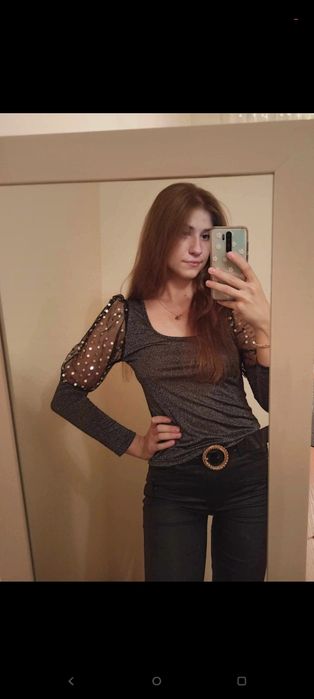 Szara błyszcząca bluzka z długim rękawem – S/M, nowa z shein!