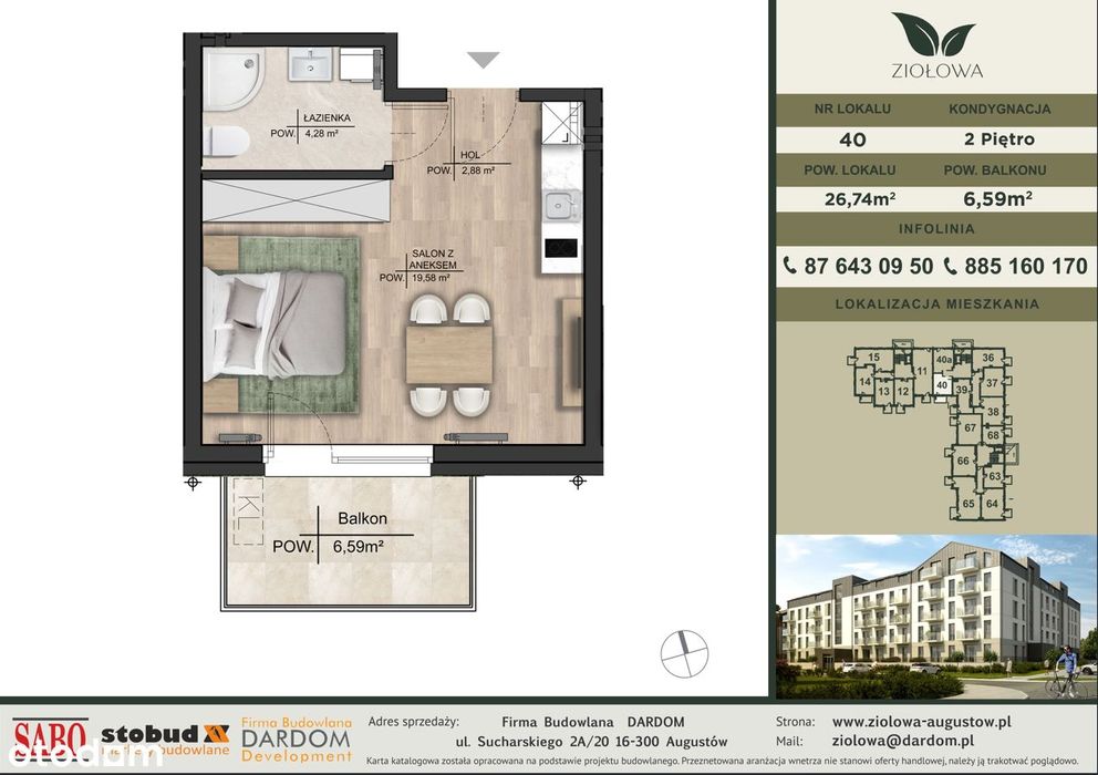 Nowa kawalerka w Augustowie – funkcjonalna- ul.Ziołowa 26,74 m2- M40