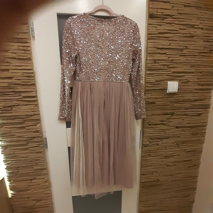 Sukienka cekiny, tiul, wesele, pudrowy róż