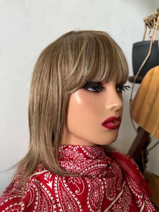 Peruka beż brąz grzywka 100% włosy naturalne ludzkie