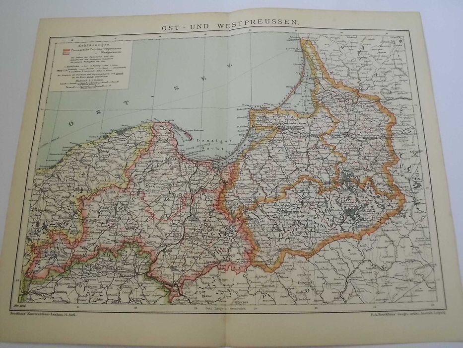 Oryginalna XIX w mapa Prusy Wschodnie i Zachodnie-Warszawa, Gdańsk