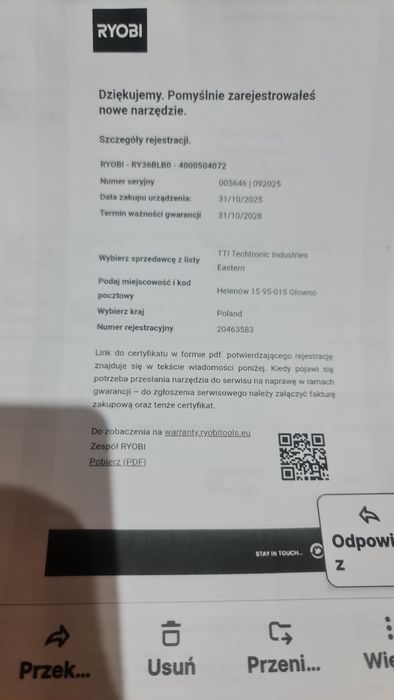 Ryobi dmuchawa akumulatorowa 36 v RY36BLB  wersja 0 gwarancja