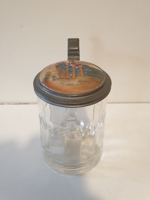 Antiga caneca de cerveja bávara com 2 imagens eróticas pintadas à mão